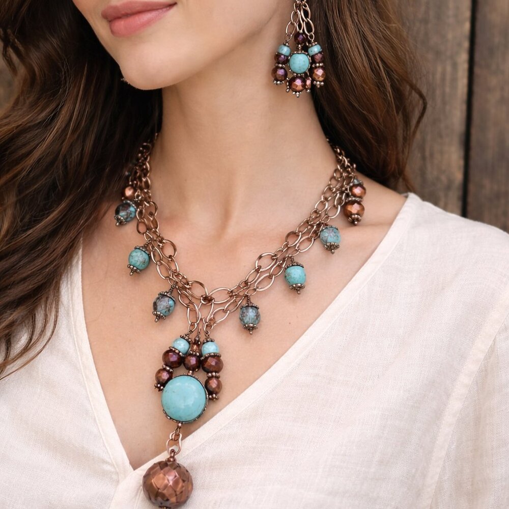 Boho Turquoise & Copper Statement Necklace – Handmade Style